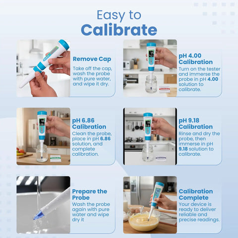 No Fuss PH Meter With Spear Probe For Sourdough Fermentation Hot Sauce Canning Cheese Salami Kimchi And Kombucha Water Resistant Kit With Calibration Powders For Quick Accurate Readings various calibration steps shown