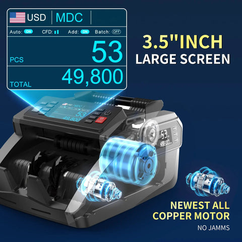 Mixed Denomination Money Counter Machine With Value Counting And Three Displays, close-up showing operation details.