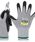Level 5 Cut Resistant Work Gloves Cru553 With 3D Comfort Fit for All Day Comfort, Grey Size M, shown front and grip holding a blade