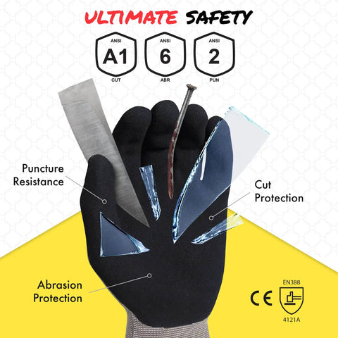 Graphene Cut Resistant Work Gloves ANSI A1 Lightweight Breathable Grip For Gardening, DIY, Mechanical And General Handling