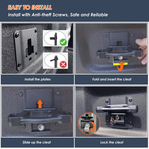 Installation steps for Heavy Duty Truck Bed Tie Down Anchors With Boxlink Cleats And Mounting Plates show how to secure clests.