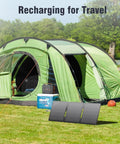 Compact 30W Foldable Solar Panel Charger with DC USB C USB A Outputs in front of a green camping tent on grass.