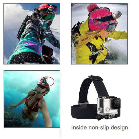 Adjustable Action Camera Head Strap Mount for hands free use in surfing, skiing, and diving with secure wearable head belt.