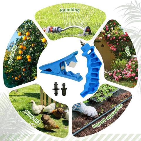 2 In 1 Drip Irrigation Punch Tool Kit With Hole Puncher, Hose Cutter, Drip Plugs And 1/4 Inch Barbed Connectors in garden use.