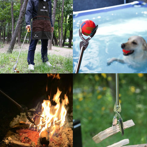 All Stainless Steel Grabber Reacher Pickup Tool Heavy Duty Trash Picker For Indoor Outdoor Use No Wire Patented Technology Delivers Extra Power And Strong Grip For Logs BBQ Pits Fireplace in various uses: grabbing an object by a campfire, holding a log, fetching a ball for a dog, and picking up trash outdoors.