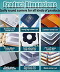 Heavy Duty Corner Rounder Press Built Like A Tank With Dual R6 And R10 Radius Dies For Laminates Plastics And Business Cards showing dimensions and corner cut examples.