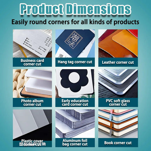 Heavy Duty Corner Rounder Press Built Like A Tank With Dual R6 And R10 Radius Dies For Laminates Plastics And Business Cards showing dimensions and corner cut examples.