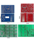 Three Pack SMD Soldering Practice Kit For SMT Training Boards With Easy To Hard Components in red, blue, and green PCBs