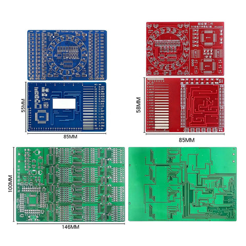 Three Pack SMD Soldering Practice Kit For SMT Training Boards With Easy To Hard Components in red, blue, and green PCBs