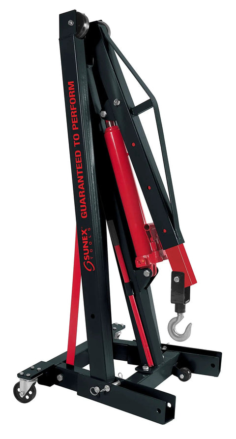 2 Ton Folding Engine Crane With Dual Pump Pistons For Faster Lifts And Easy Pump Action Low Profile 4.7 Inch Legs Fit Under Wide Vehicle Frames Including Sports Cars Four Boom Positions For Ideal Reach 360 Degree Swivel Hook