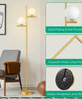 67.5 Inch Mid Century Modern Globe Floor Lamp With Dimmable LED Brightness, Gold Brass Finish, Frosted Glass Globe Shades in living room