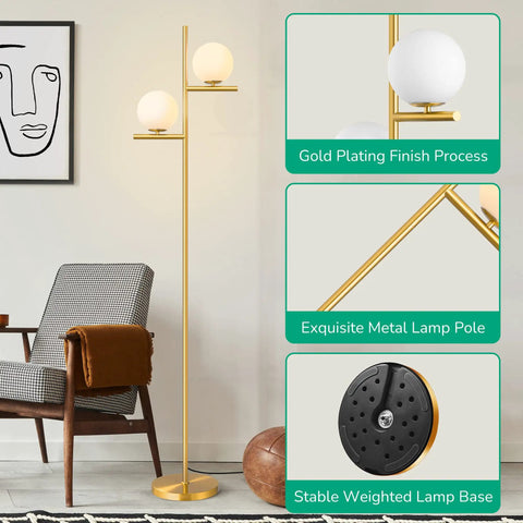 67.5 Inch Mid Century Modern Globe Floor Lamp With Dimmable LED Brightness, Gold Brass Finish, Frosted Glass Globe Shades in living room