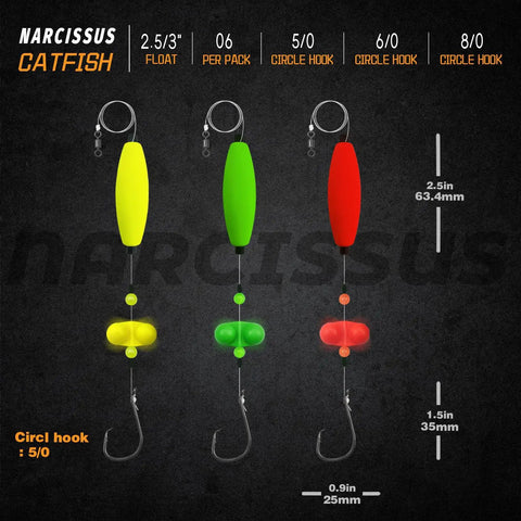 Catfish Rig Set With Six Pre-Tied Rigs Two Sinker Sliders Two Ounce Pyramid Sinker Float Rig Tackle Santee Rig And Circle Hooks Size Five Zero Grab And Go Ready To Use Kit shown with yellow, green, and red floats and circle hooks.