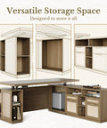 Versatile storage space of 70 Inch L Shaped Electric Standing Desk With Heavy Duty Steel Frame, displaying cabinets and shelves.