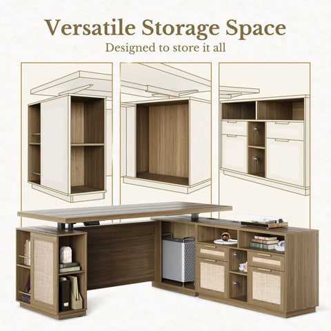 Versatile storage space of 70 Inch L Shaped Electric Standing Desk With Heavy Duty Steel Frame, displaying cabinets and shelves.
