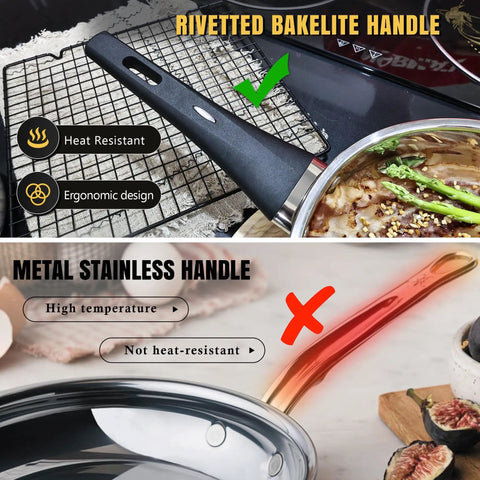 Induction Ready Stainless Steel 14 Piece Cookware Set with stay cool Bakelite handle vs metal handle overheat illustration