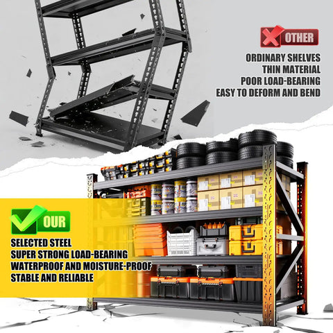 Beefy 5000 Lbs Capacity Heavy Duty Garage Shelving System With 4 Adjustable Tiers, Metal Storage Racks For Garage Basement Warehouse, 69 W x 24 D x 64 H Black, Sturdy And Versatile, black steel shelf holding tires and storage bins