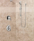 Chrome Eco Performance Handheld Shower with 24 inch slide bar and 59 inch hose installed in modern tiled bathroom