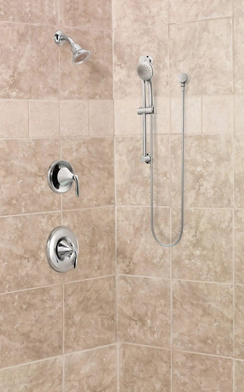 Chrome Eco Performance Handheld Shower with 24 inch slide bar and 59 inch hose installed in modern tiled bathroom