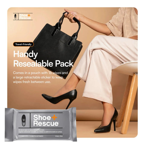 All Natural Shoe Cleaning Wipes For Leather And Suede Shoes And Boots shown with a resealable pouch, high-heeled shoes in a lifestyle setting.