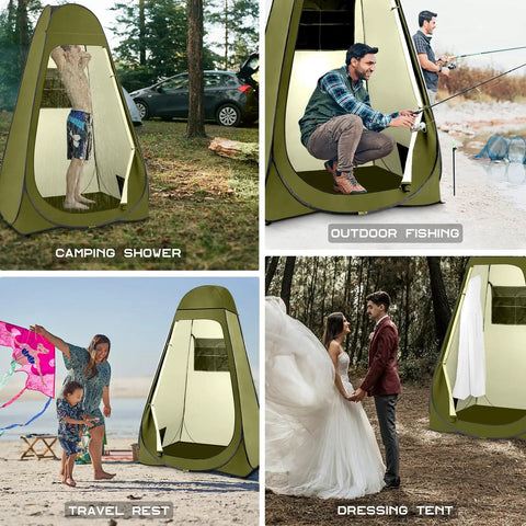Pop Up Privacy Shower Tent With Windows for Camping and Bathroom Breaks, portable changing shelter, shown in olive green