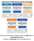 eGeeTouch IAM subscription package options with prices and features for Starter, Essential, Essential Plus, and Professional plans.