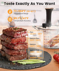 Pro Grade Sous Vide Cooker Immersion Circulator With Recipes, IPX7 Waterproof And Ultra Quiet 1100W, Fast Heating, Precise Temperature 0.1 Degree Celsius And 99.59 Hour Timer, Compact Stainless Steel Design For Effortless Chef Level Results on glass pot with steak