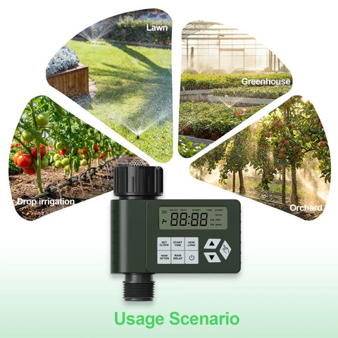 Hose Faucet Water Timer For Outdoor Garden Watering, Programmable Sprinkler Timer With Rain Delay, shown with usage scenarios.