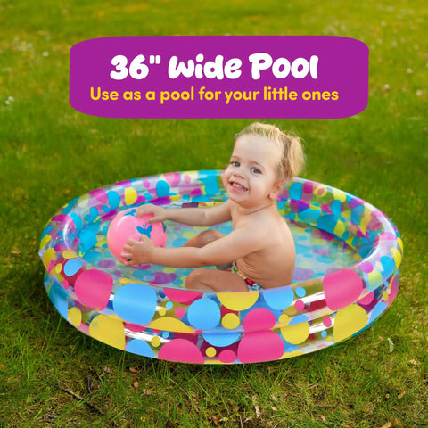 Child playing in a 36-inch colorful inflatable pool, part of the Duck Pond Matching Carnival Game For Kids Kid Friendly Inflatable Pool Play Set With 20 Plastic Ducks Featuring Number Pairs Totally Fun Backyard Water Memory Game For Birthday Parties Field Day And Outdoor Fun.