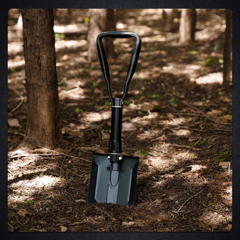 Beast Survival Folding Camp Shovel With Pickaxe Tri Fold Tactical Entrenching Tool in forest setting, manganese steel