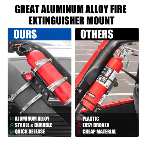 Rugged Aluminum Fire Extinguisher Mount Bracket Kit With Quick Release for Jeep Wrangler TJ JK JL JKU and UTV comparison