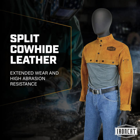 Heavy Duty Cowhide Leather Welding Cape Jacket Built Tough To Kick Some Serious Spatter And Block Extreme Heat showcasing split cowhide leather.