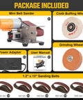 Package contents of 3 In 1 Mini Belt Sander With Knife Sharpener And Electric Bench Grinder For Metal And Wood DIY Handcraft Beast Mode Power Seven Speed Adjustable Polisher Includes Sanding Belts