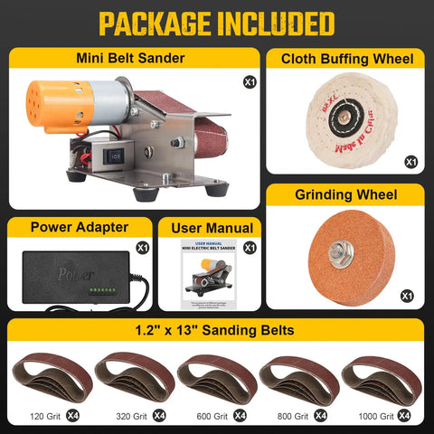 Package contents of 3 In 1 Mini Belt Sander With Knife Sharpener And Electric Bench Grinder For Metal And Wood DIY Handcraft Beast Mode Power Seven Speed Adjustable Polisher Includes Sanding Belts