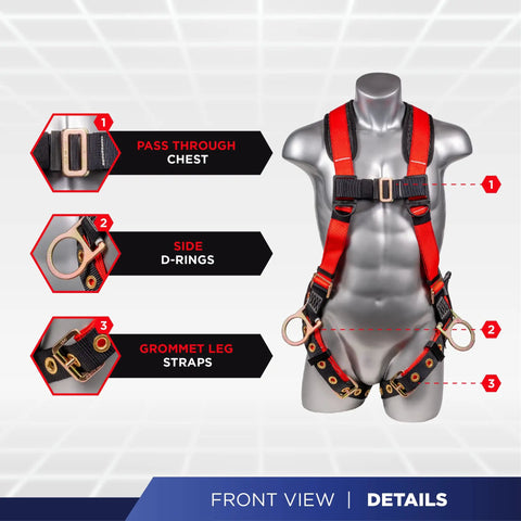 Five Point Full Body Fall Protection Harness Kit With Six Foot Lanyard And Snap Hook Eighteen Inch D Ring Extender Worksite Ready Safety Glasses And Kit Bag In Red Universal shown on mannequin with labeled features