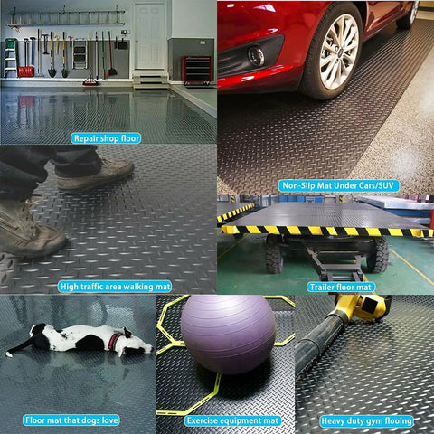 Composite image of uses for Heavy Duty 3.3 By 16 Ft Diamond Plate PVC Garage Floor Mat, Oil and Grease Resistant, in various settings.