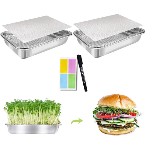 Stainless Steel Sprouts Growing Kit 2 Tier 10 Inch Trays Microgreens Seed Sprouting Tray With Encrypted Mesh Filters for Beans Alfalfa Broccoli Wheatgrass and More.