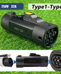Plug And Play Type 1 To Type 2 EV Charging Adapter J1772 To IEC62196 Supports 32A on green grass, showing connectors.