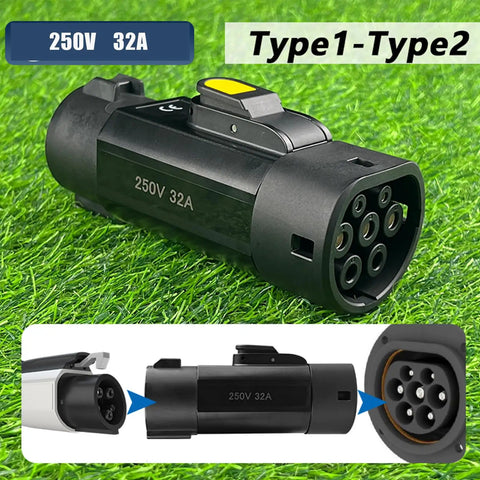 Plug And Play Type 1 To Type 2 EV Charging Adapter J1772 To IEC62196 Supports 32A on green grass, showing connectors.
