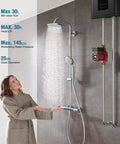 Heavy Duty Hot Water Recirculating Pump For Tank Heaters Delivers Hella Strong Pressure Boost And Instant Hot Flow For Badass Shower Vibes Easy Mount 110V Plumbing Kit shown in use with showerhead and woman.