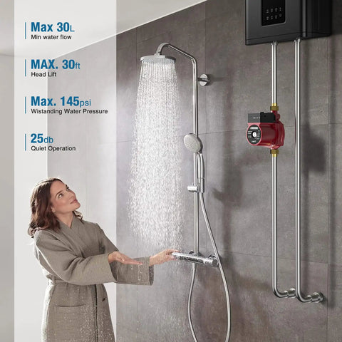 Heavy Duty Hot Water Recirculating Pump For Tank Heaters Delivers Hella Strong Pressure Boost And Instant Hot Flow For Badass Shower Vibes Easy Mount 110V Plumbing Kit shown in use with showerhead and woman.