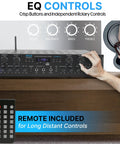 Beefy 600W 6 Channel Home Audio Amplifier for PA and Karaoke with mic in use, featuring EQ controls and remote