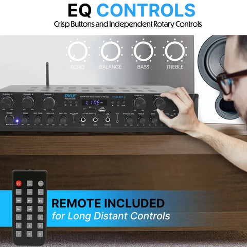 Beefy 600W 6 Channel Home Audio Amplifier for PA and Karaoke with mic in use, featuring EQ controls and remote