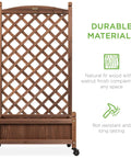 Front view of Pair Of 48 Inch Walnut Wood Planter Boxes With Diamond Lattice Trellis Mobile Outdoor Raised Garden Beds