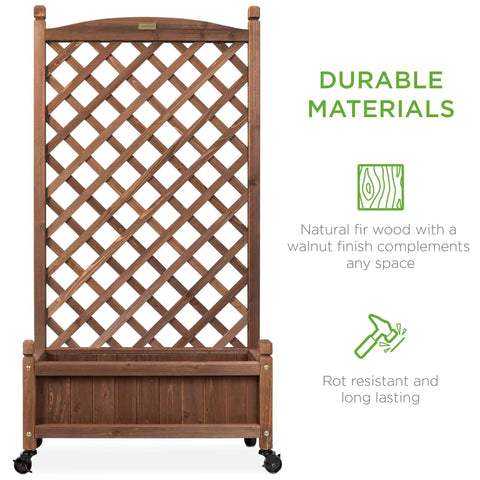 Front view of Pair Of 48 Inch Walnut Wood Planter Boxes With Diamond Lattice Trellis Mobile Outdoor Raised Garden Beds