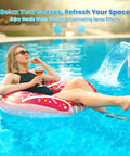 Woman relaxing on float in pool with Dual Spray Waterfall Pool Fountain for Above Ground and In Ground Pools, Adjustable Water Flow.