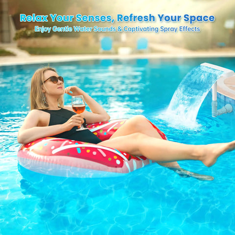 Woman relaxing on float in pool with Dual Spray Waterfall Pool Fountain for Above Ground and In Ground Pools, Adjustable Water Flow.