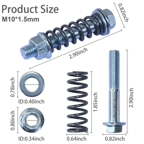 Premium Heavy Duty Car Exhaust Manifold Bolt Set sizes displayed, M10x1.5 bolts and springs for high temperature use.