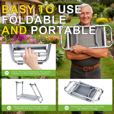 Man holding Best Bang For Your Buck Ultimate Garden Kneeler And Seat, showing foldable design and portability; instructions displayed.