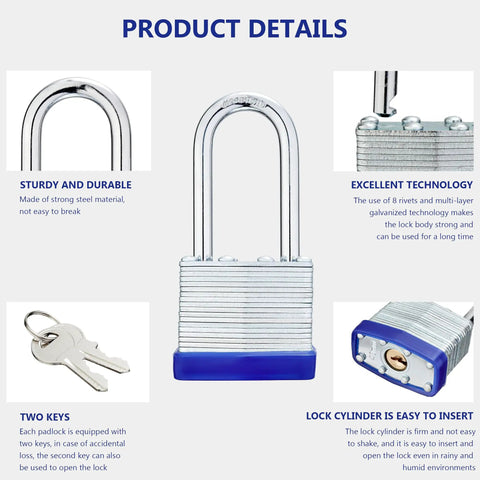 Product details of Heavy Duty Outdoor Padlock Set With Keys For Gates And Fences, Laminated Body 1-9/16 Inch Wide Long Shackle, 48 Pack.